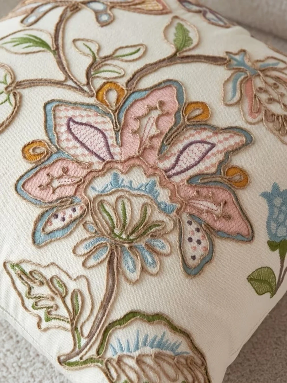 Embroidered Floral Accent Pillow in Cream with Pastel Blooms